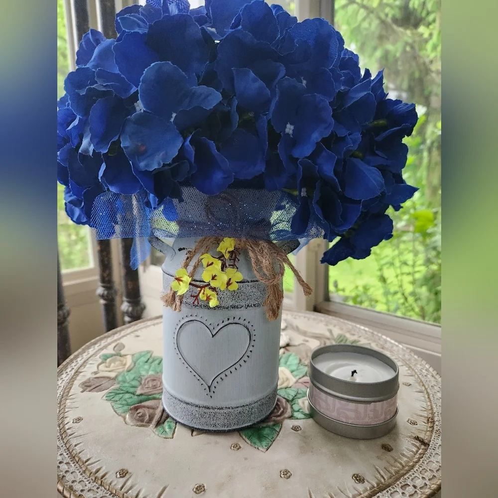 Blue Floral Hydrangea Arrangement in Heart-Embellished Vase